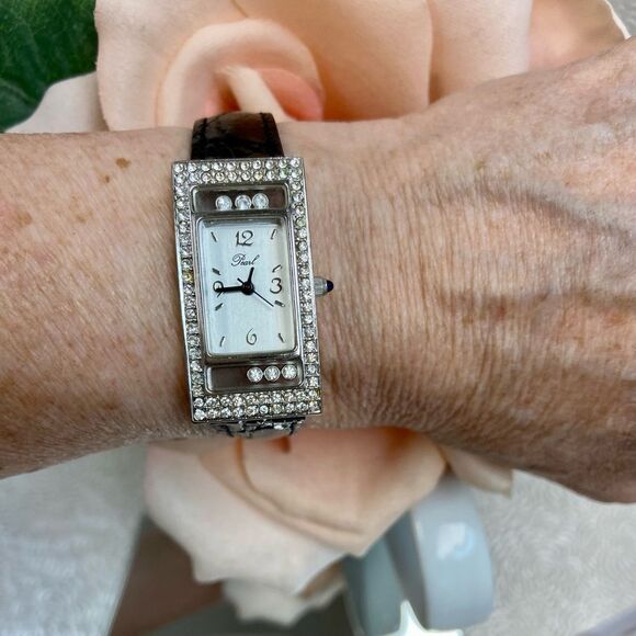 Pearl Rhinestone Embellished Art Deco Style Tank Watch with "Floating" Crystals - Picture 6 of 14